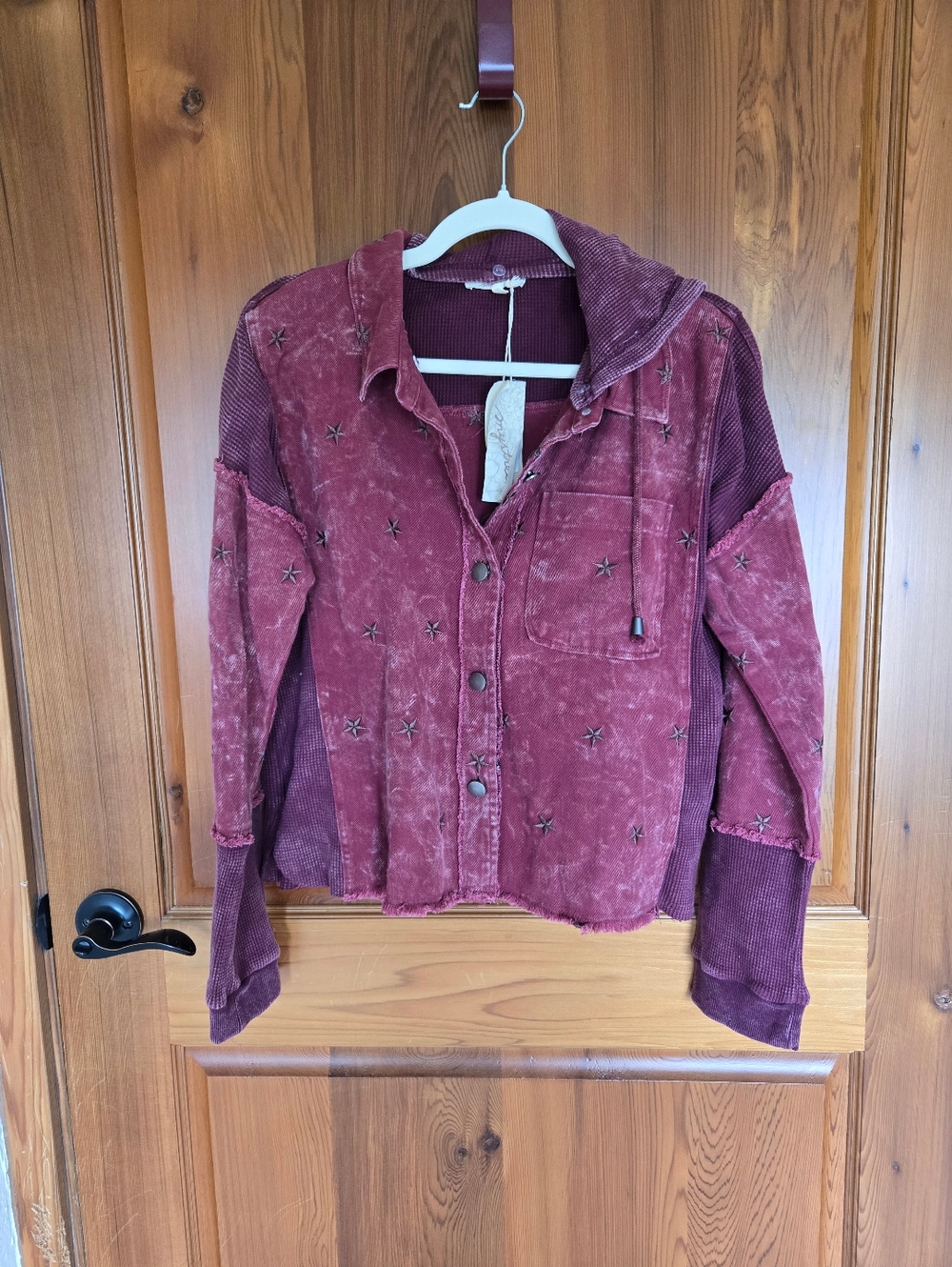 Mystree, Vintage-Inspired Distressed Star Embroidered Jacket - Burgundy, Sz. M